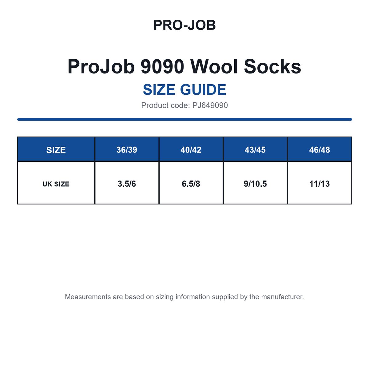 PJ649090 ProJob 9090 Wool Socks size guide (PJ649090)