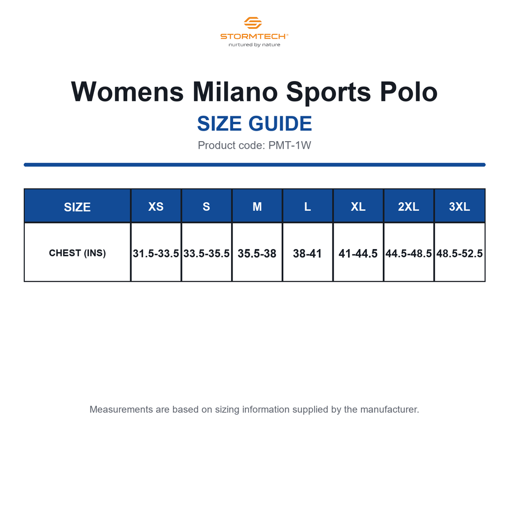 PMT-1W Stormtech Womens Milano Sports Polo size guide (PMT-1W)