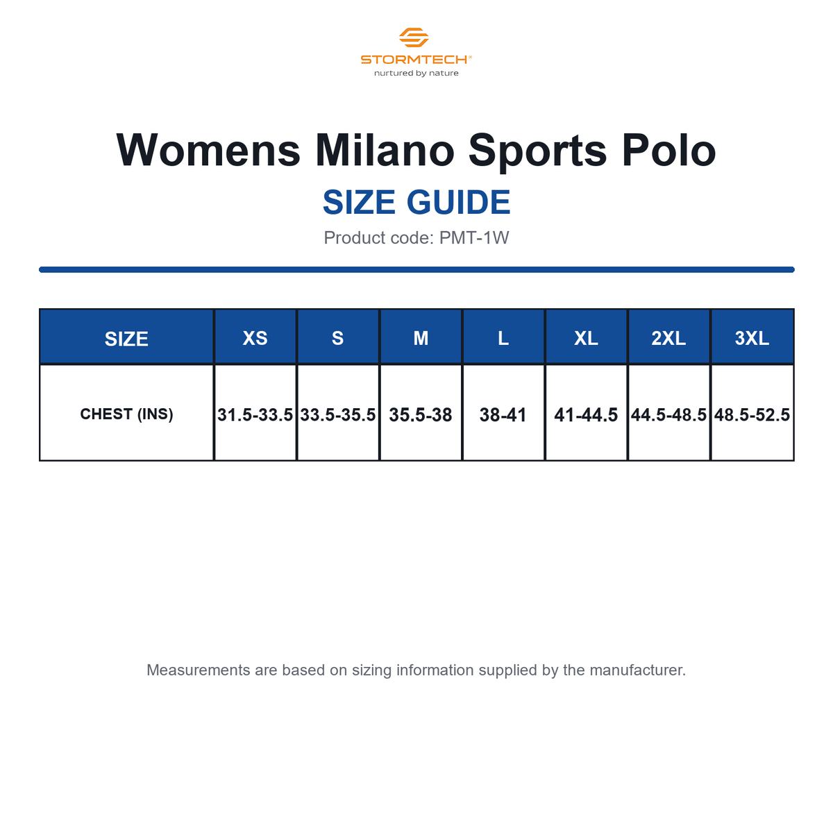 PMT-1W Stormtech Womens Milano Sports Polo size guide (PMT-1W)