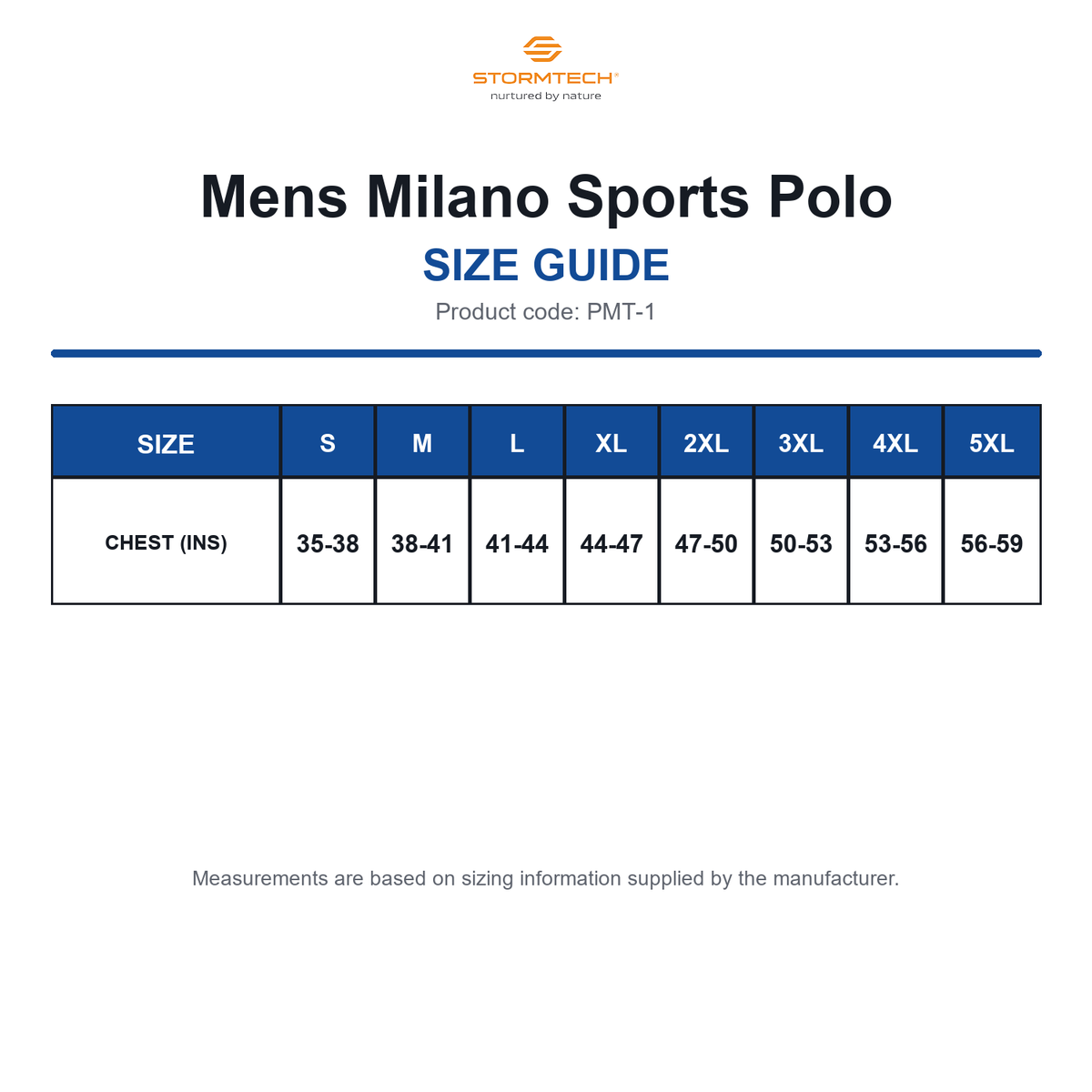 PMT-1 Stormtech Mens Milano Sports Polo size guide (PMT-1)