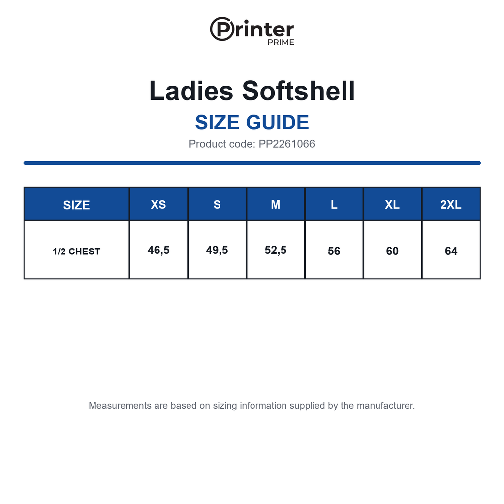 PP2261066 Printer Prime Ladies Softshell size guide (PP2261066)