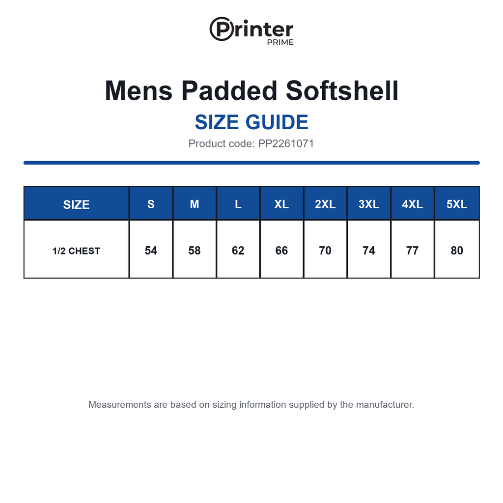 PP2261071 Printer Prime Mens Padded Softshell size guide (PP2261071)