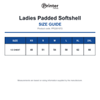 PP2261072 Printer Prime Ladies Padded Softshell size guide (PP2261072)
