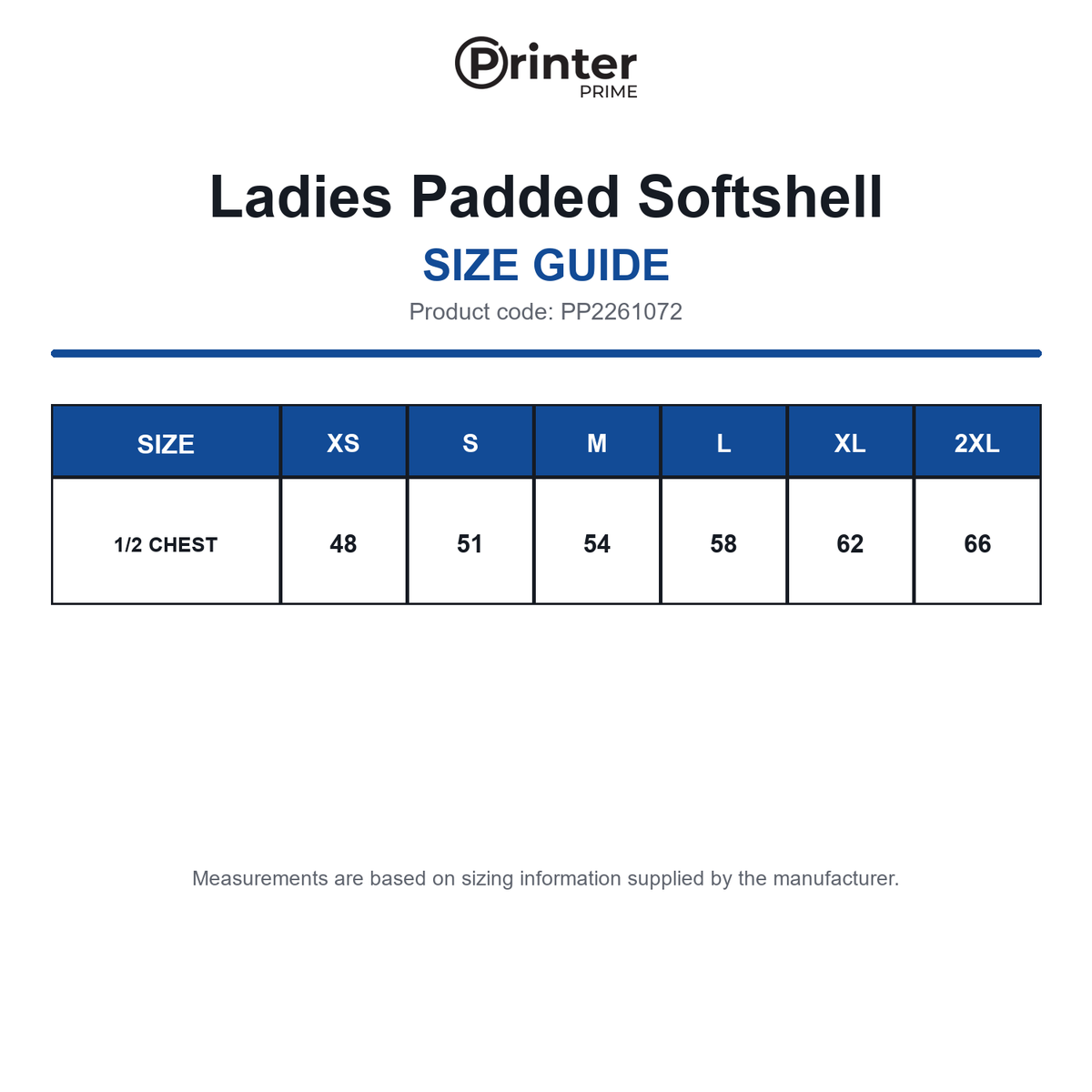 PP2261072 Printer Prime Ladies Padded Softshell size guide (PP2261072)