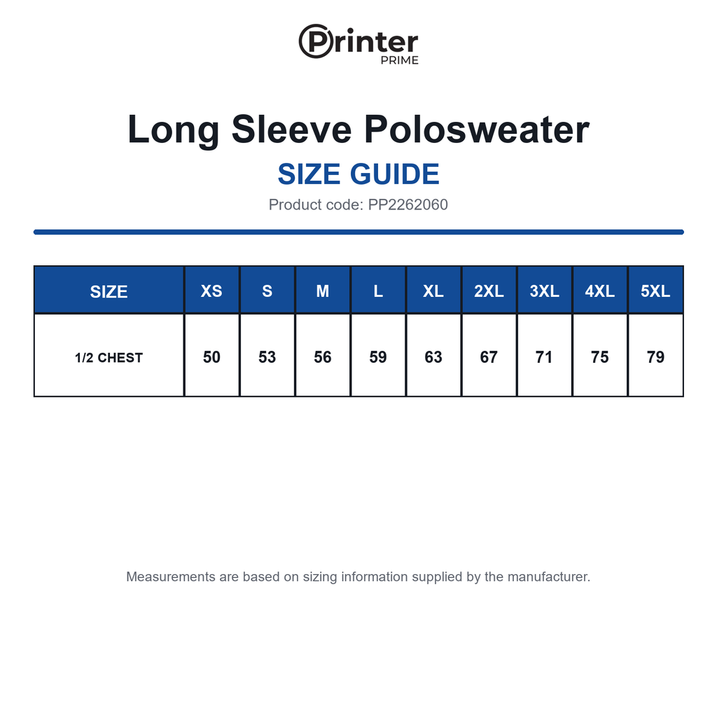 PP2262060 Printer Prime Long Sleeve Polosweater size guide (PP2262060)