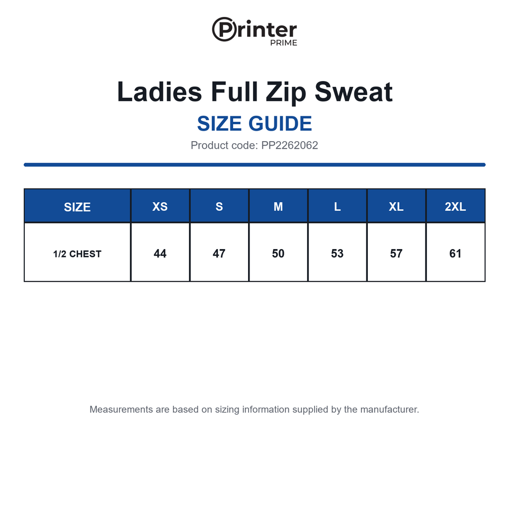PP2262062 Printer Prime Ladies Full Zip Sweat size guide (PP2262062)