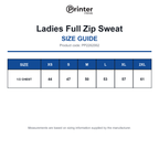 PP2262062 Printer Prime Ladies Full Zip Sweat size guide (PP2262062)