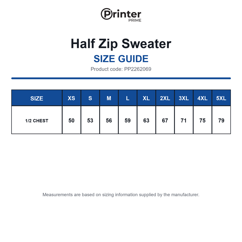 PP2262069 Printer Prime Half Zip Sweater size guide (PP2262069)