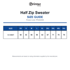 PP2262069 Printer Prime Half Zip Sweater size guide (PP2262069)