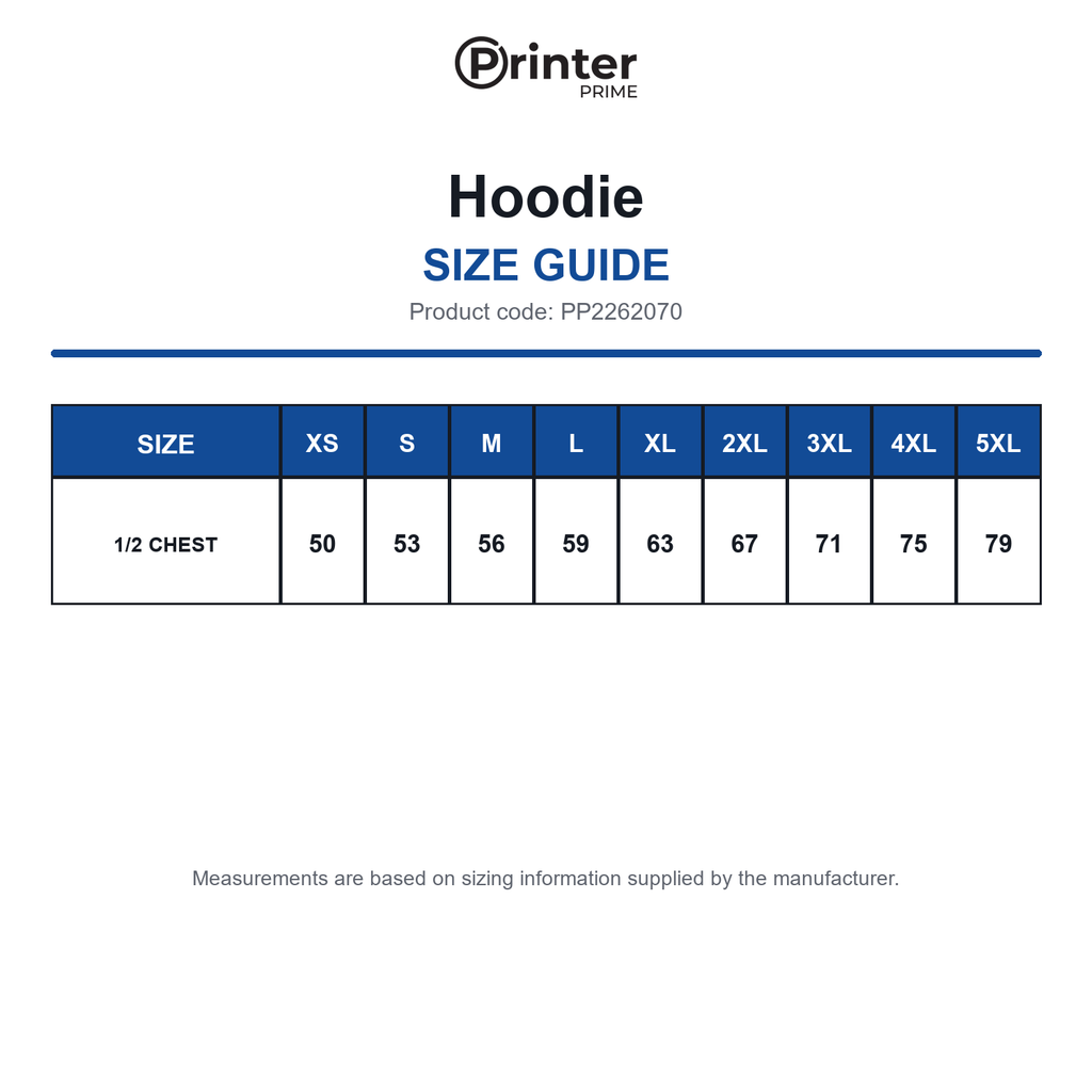 PP2262070 Printer Prime Hoodie size guide (PP2262070)