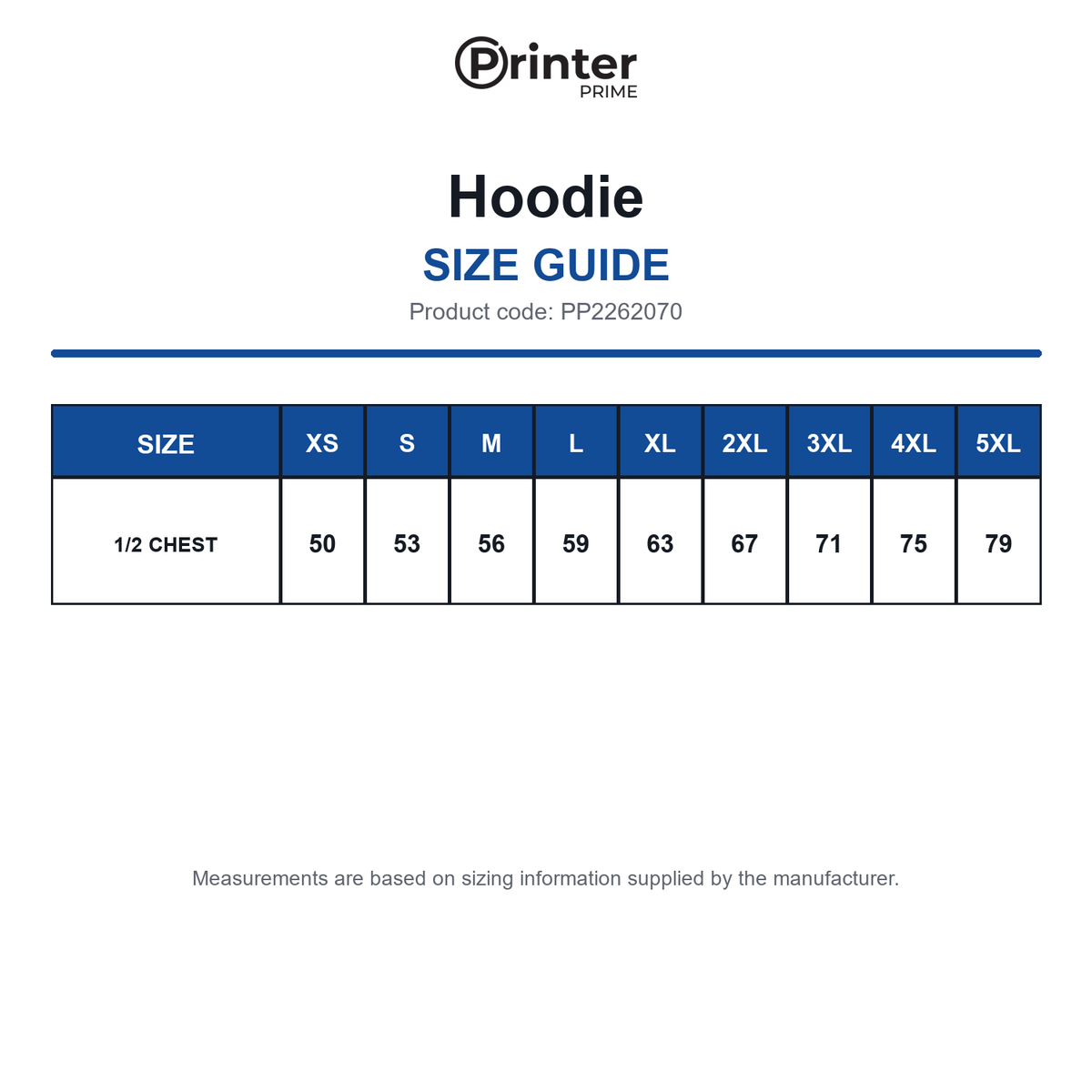 PP2262070 Printer Prime Hoodie size guide (PP2262070)