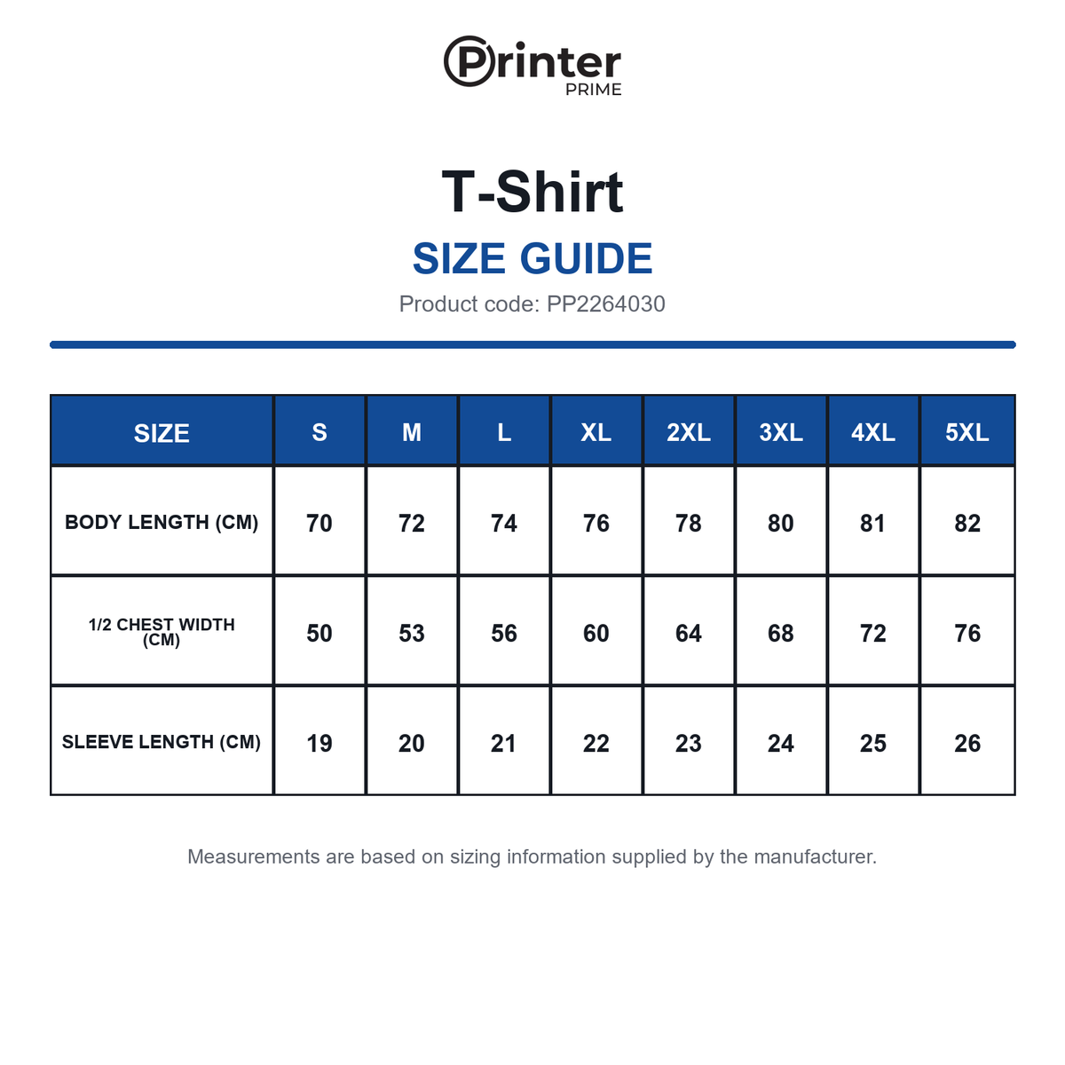 PP2264030 Printer Prime T-Shirt size guide (PP2264030)