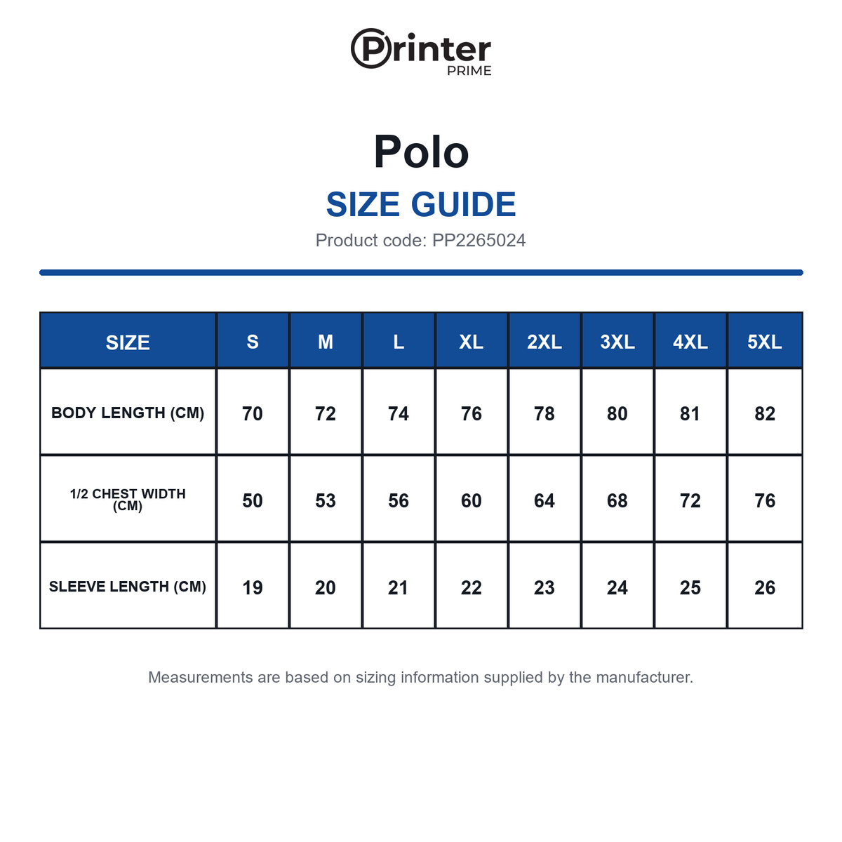 PP2265024 Printer Prime Polo size guide (PP2265024)