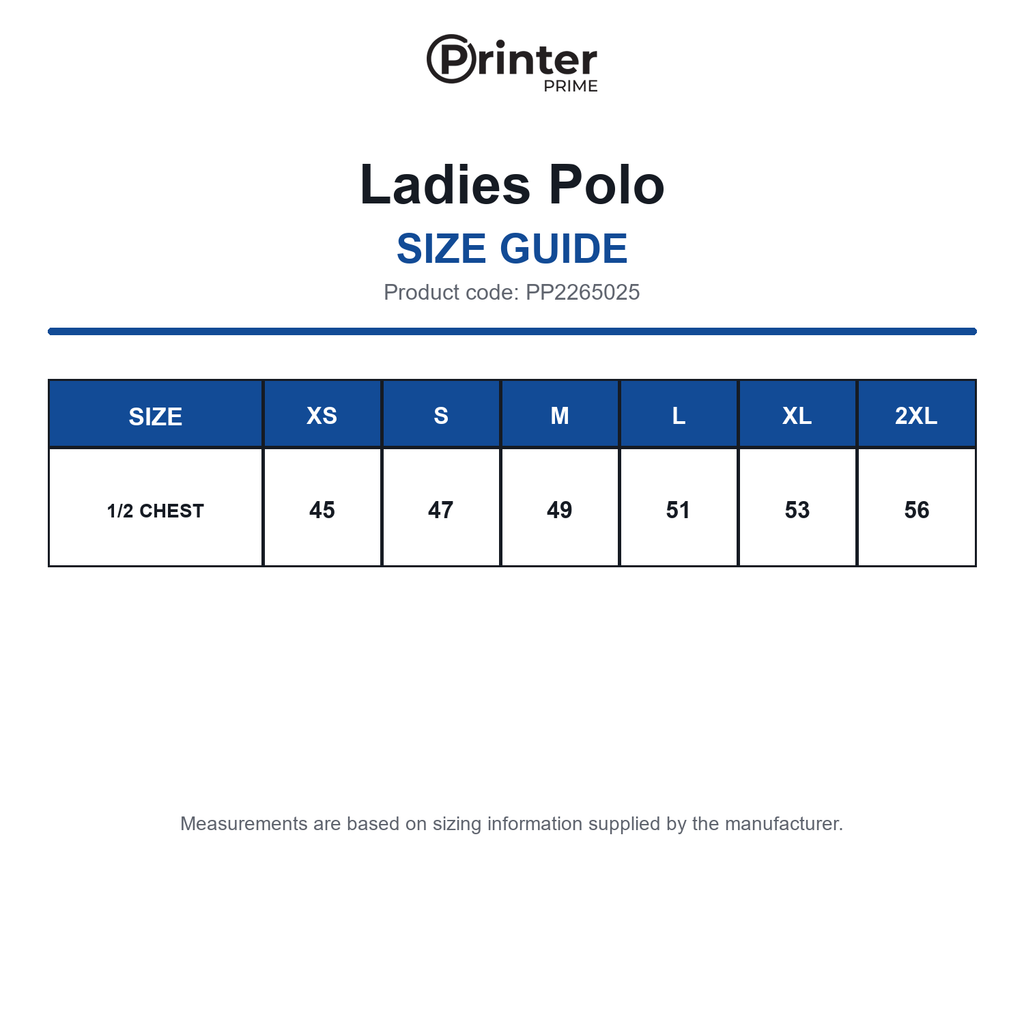 PP2265025 Printer Prime Ladies Polo size guide (PP2265025)