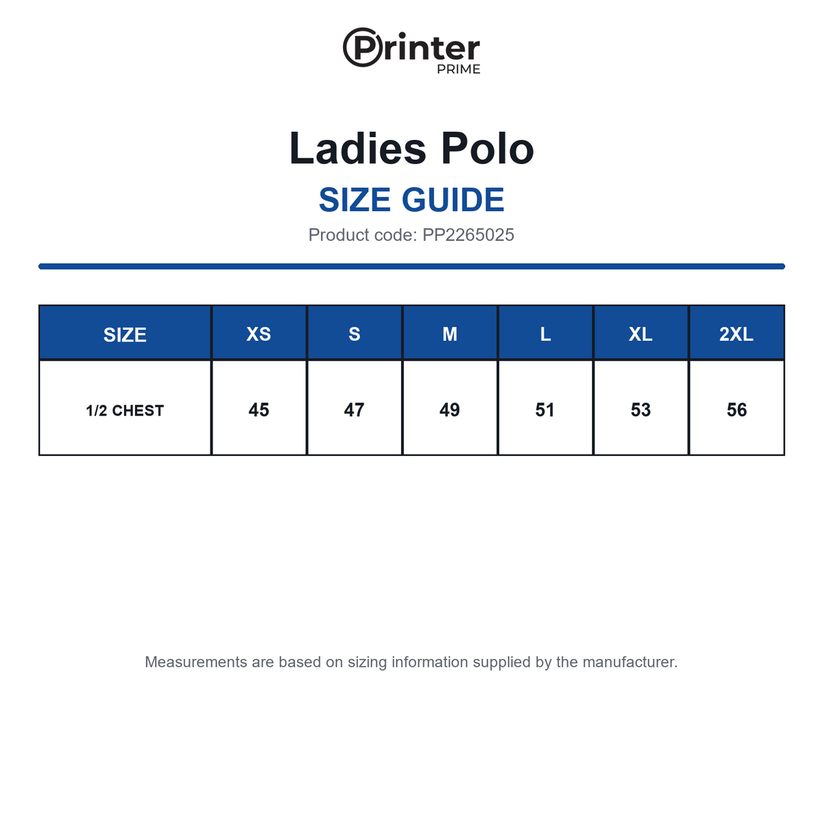 PP2265025 Printer Prime Ladies Polo size guide (PP2265025)
