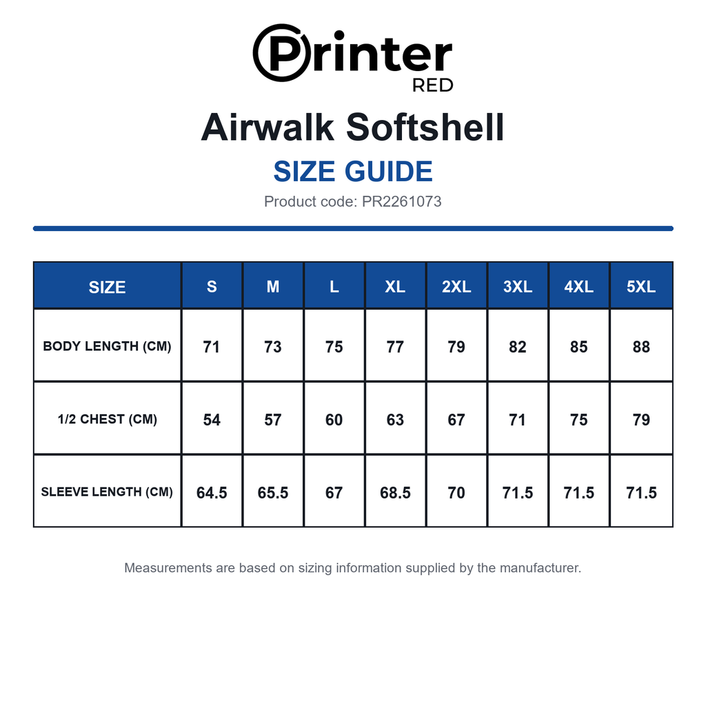 PR2261073 Printer Red Airwalk Softshell size guide (PR2261073)