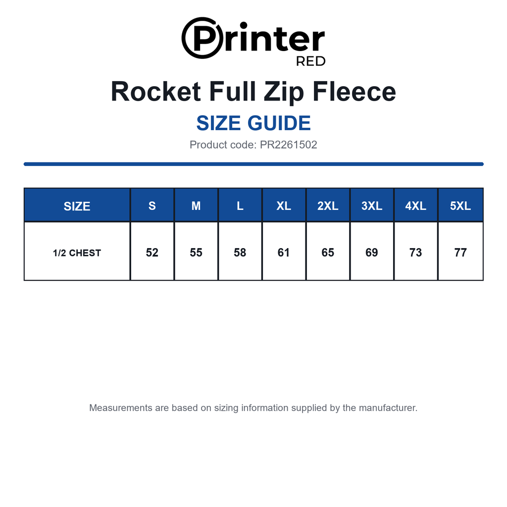PR2261502 Printer Red Rocket Full Zip Fleece size guide (PR2261502)