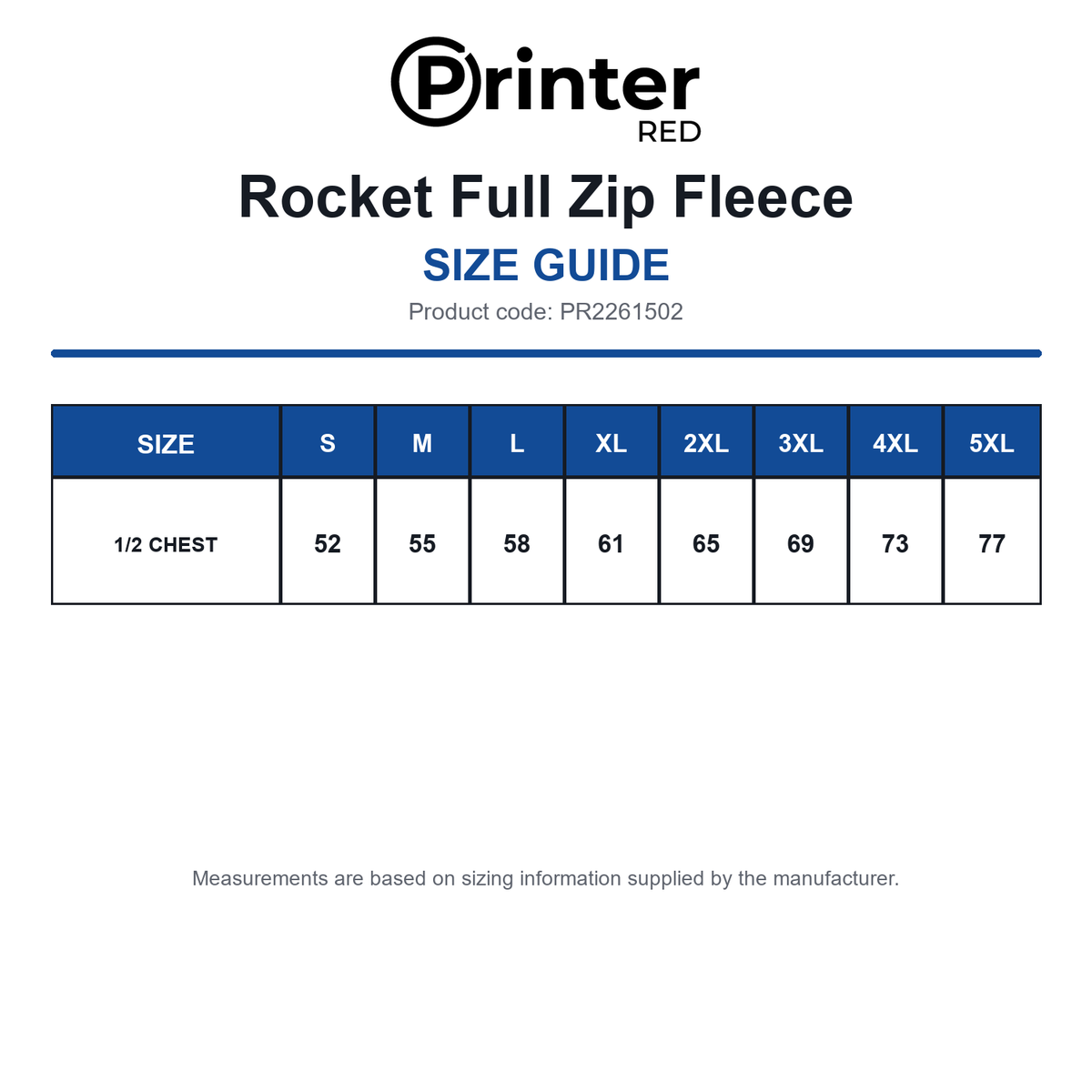 PR2261502 Printer Red Rocket Full Zip Fleece size guide (PR2261502)