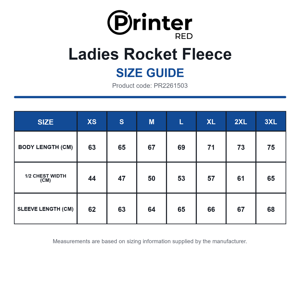 PR2261503 Printer Red Ladies Rocket Fleece size guide (PR2261503)