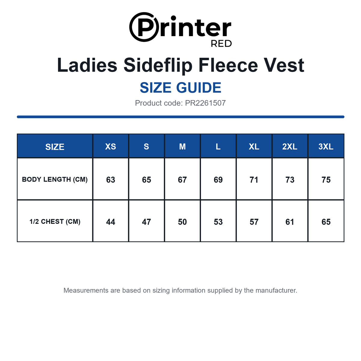 PR2261507 Printer Red Ladies Sideflip Fleece Vest size guide (PR2261507)