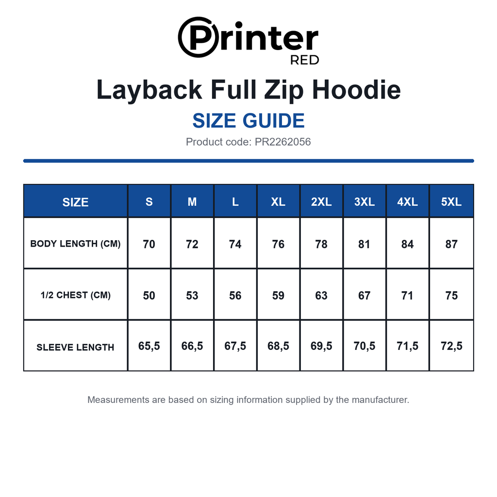 PR2262056 Printer Red Layback Full Zip Hoodie size guide (PR2262056)