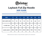 PR2262056 Printer Red Layback Full Zip Hoodie size guide (PR2262056)