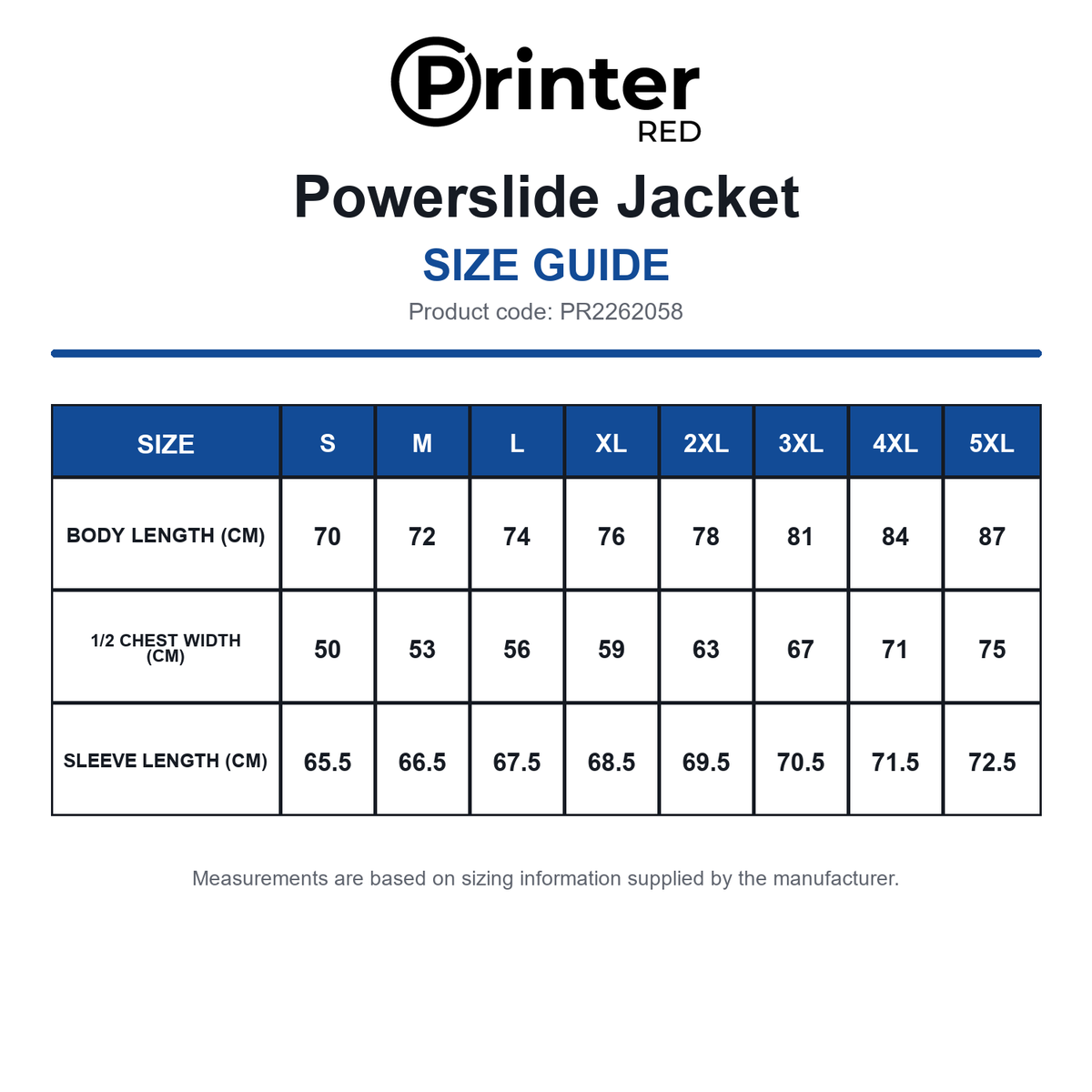 PR2262058 Printer Red Powerslide Jacket size guide (PR2262058)