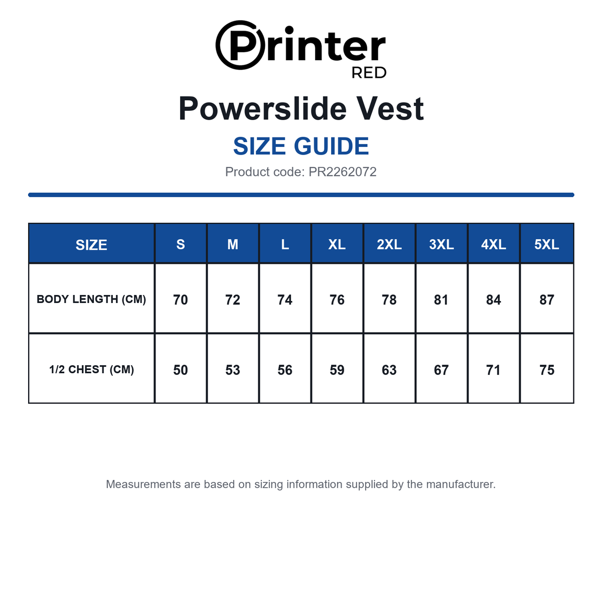 PR2262072 Printer Red Powerslide Vest size guide (PR2262072)