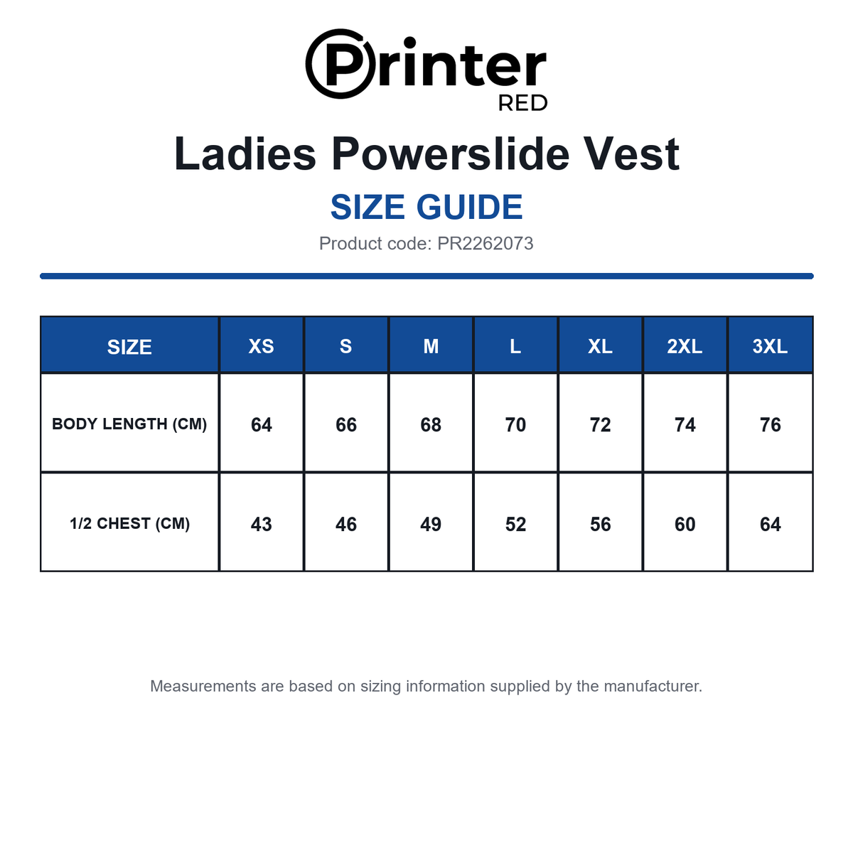 PR2262073 Printer Red Ladies Powerslide Vest size guide (PR2262073)