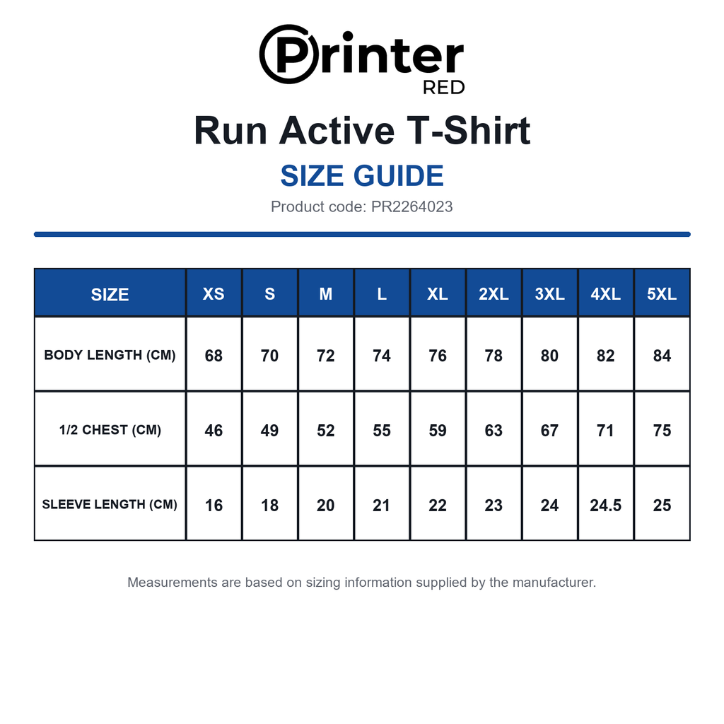 PR2264023 Printer Red Run Active T-Shirt size guide (PR2264023)