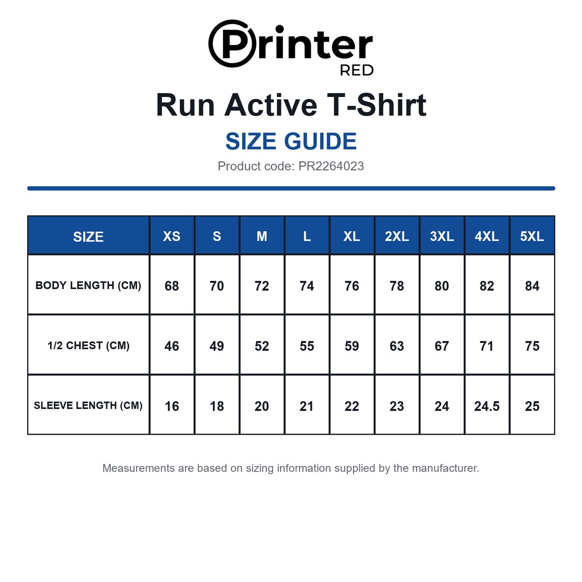 PR2264023 Printer Red Run Active T-Shirt size guide (PR2264023)