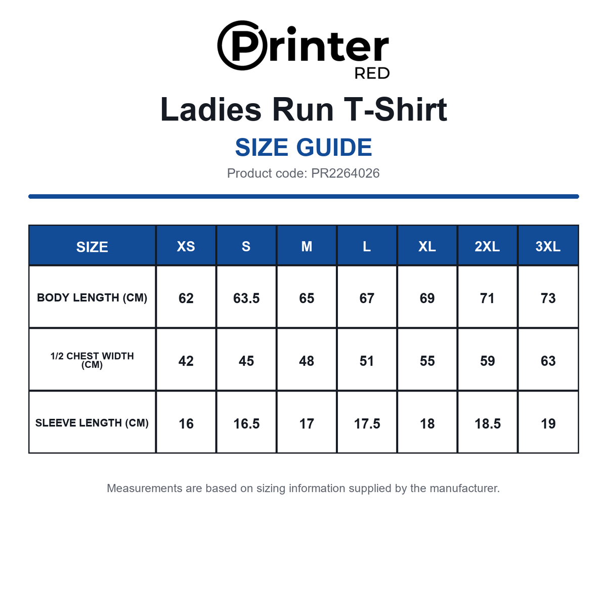 PR2264026 Printer Red Ladies Run T-Shirt size guide (PR2264026)