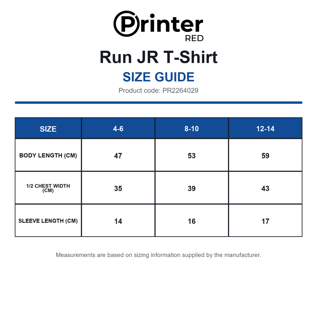 PR2264029 Printer Red Run JR T-Shirt size guide (PR2264029)