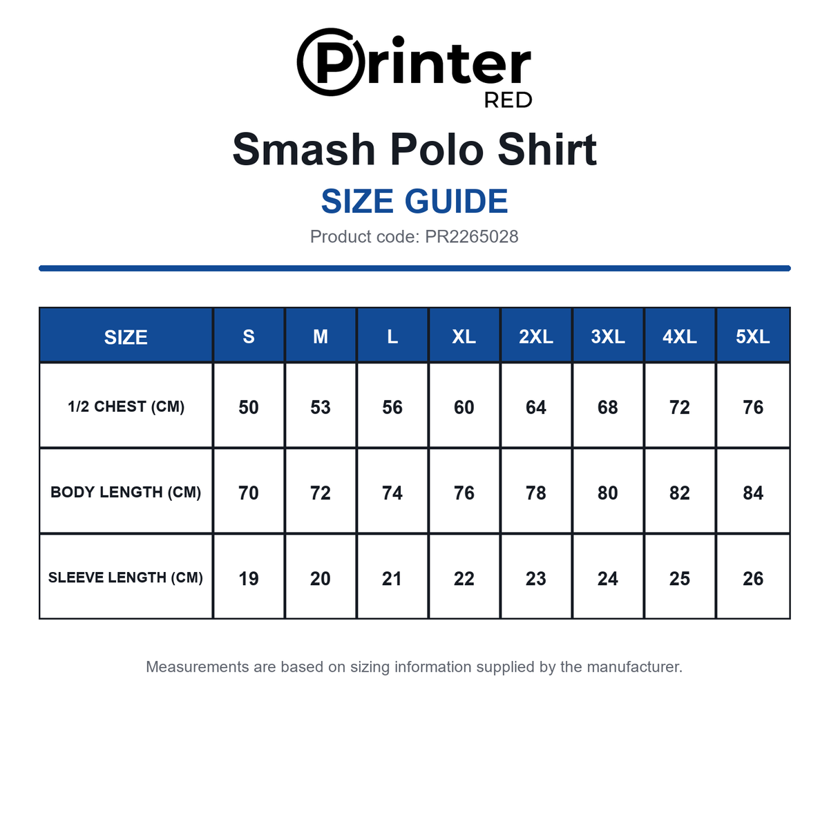 PR2265028 Printer Red Smash Polo Shirt size guide (PR2265028)