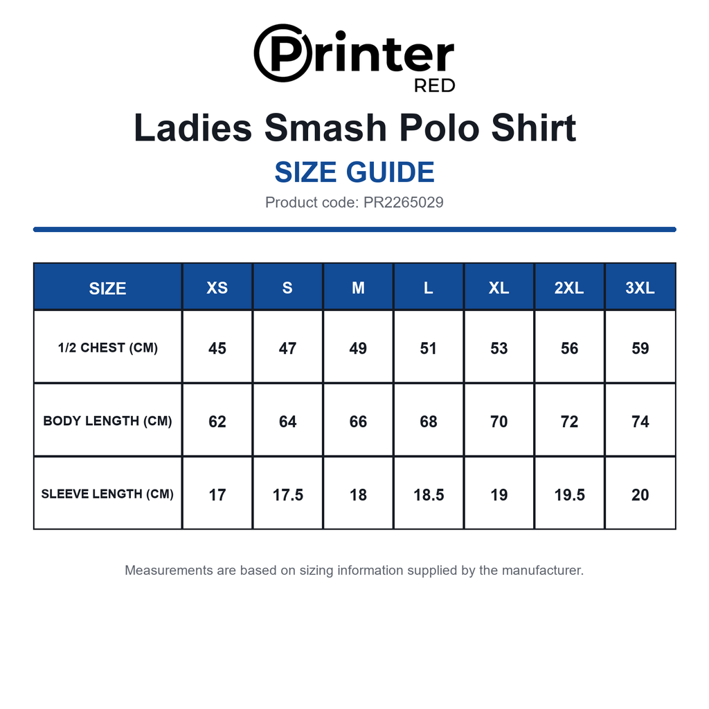 PR2265029 Printer Red Ladies Smash Polo Shirt size guide (PR2265029)