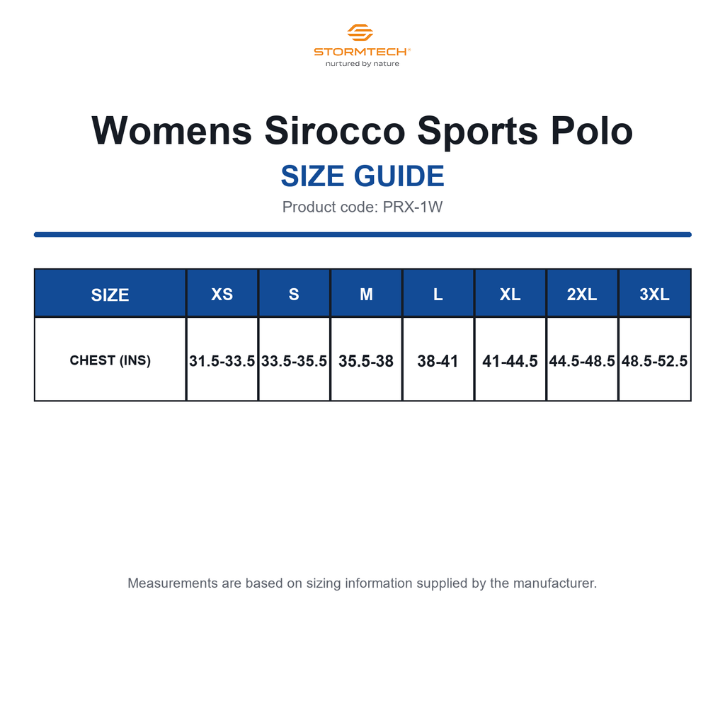 PRX-1W Stormtech Womens Sirocco Sports Polo size guide (PRX-1W)