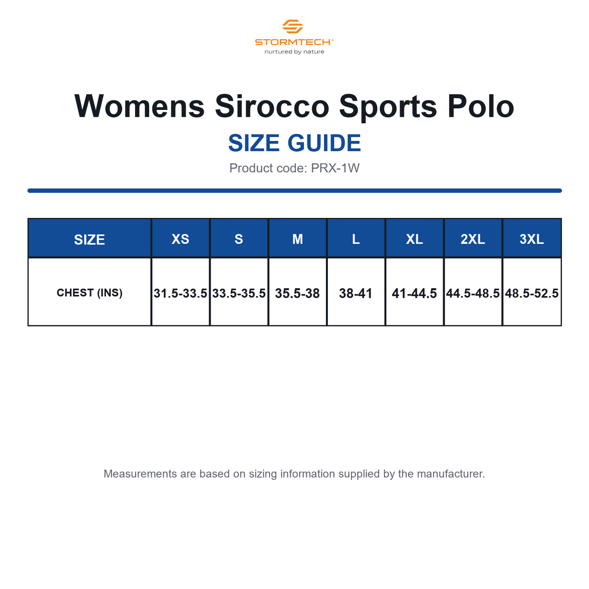 PRX-1W Stormtech Womens Sirocco Sports Polo size guide (PRX-1W)