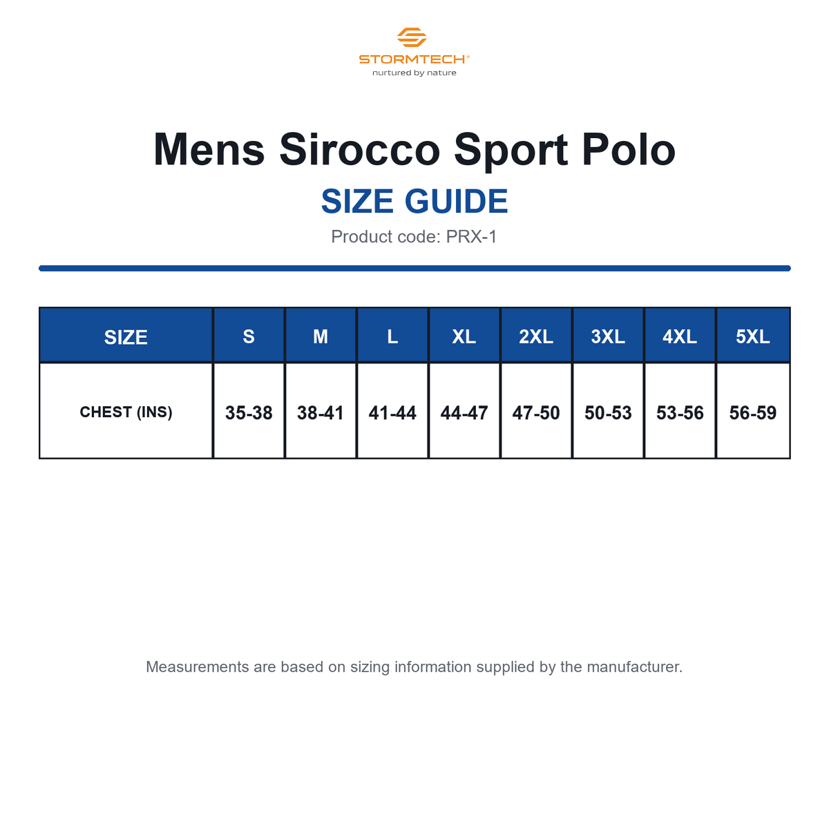 PRX-1 Stormtech Mens Sirocco Sport Polo size guide (PRX-1)