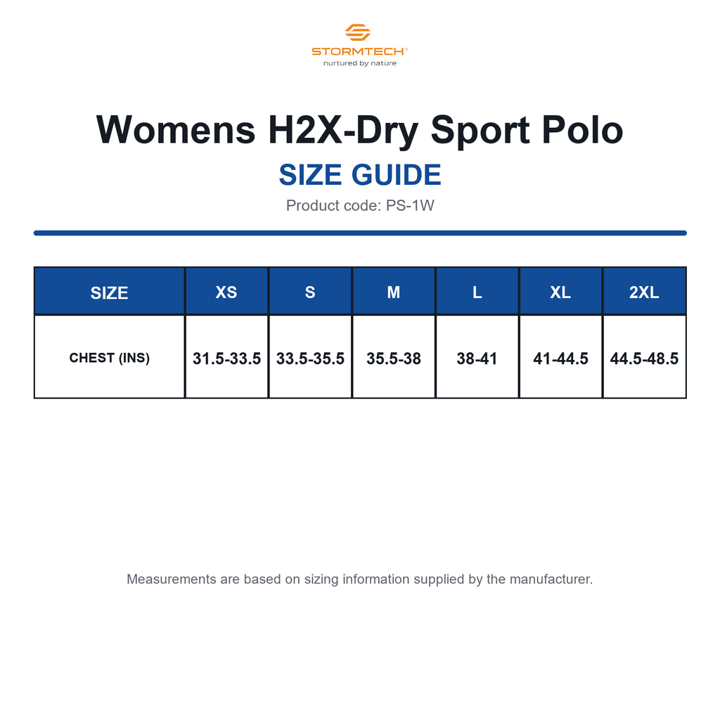 PS-1W Stormtech Womens H2X-Dry Sport Polo size guide (PS-1W)