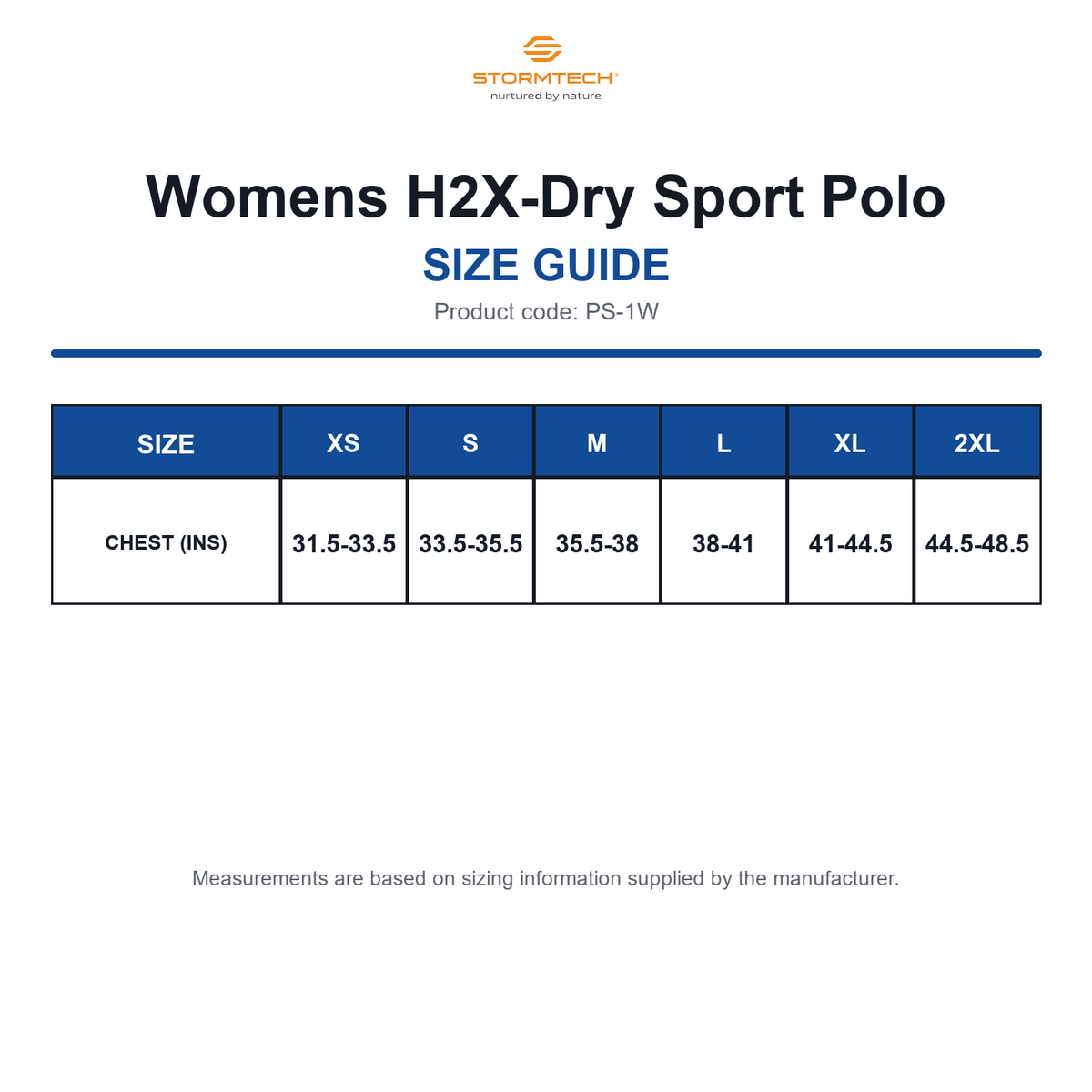PS-1W Stormtech Womens H2X-Dry Sport Polo size guide (PS-1W)