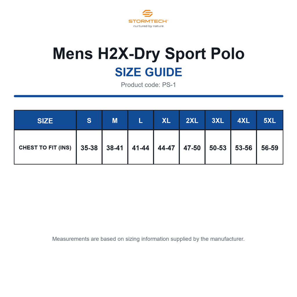 PS-1 Stormtech Mens H2X-Dry Sport Polo size guide (PS-1)