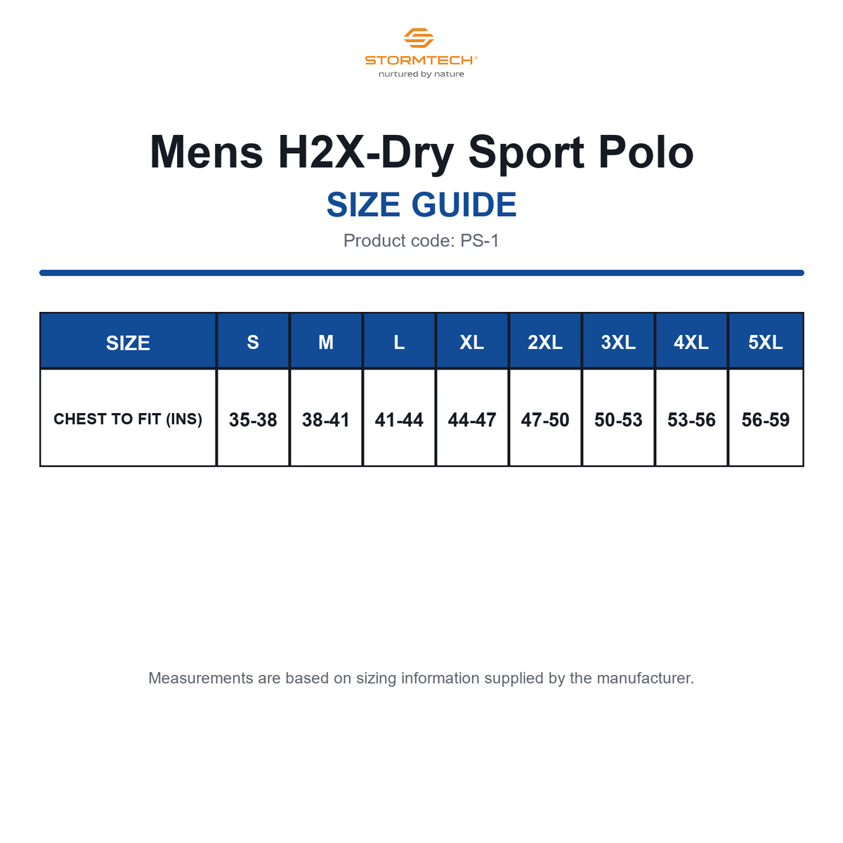 PS-1 Stormtech Mens H2X-Dry Sport Polo size guide (PS-1)