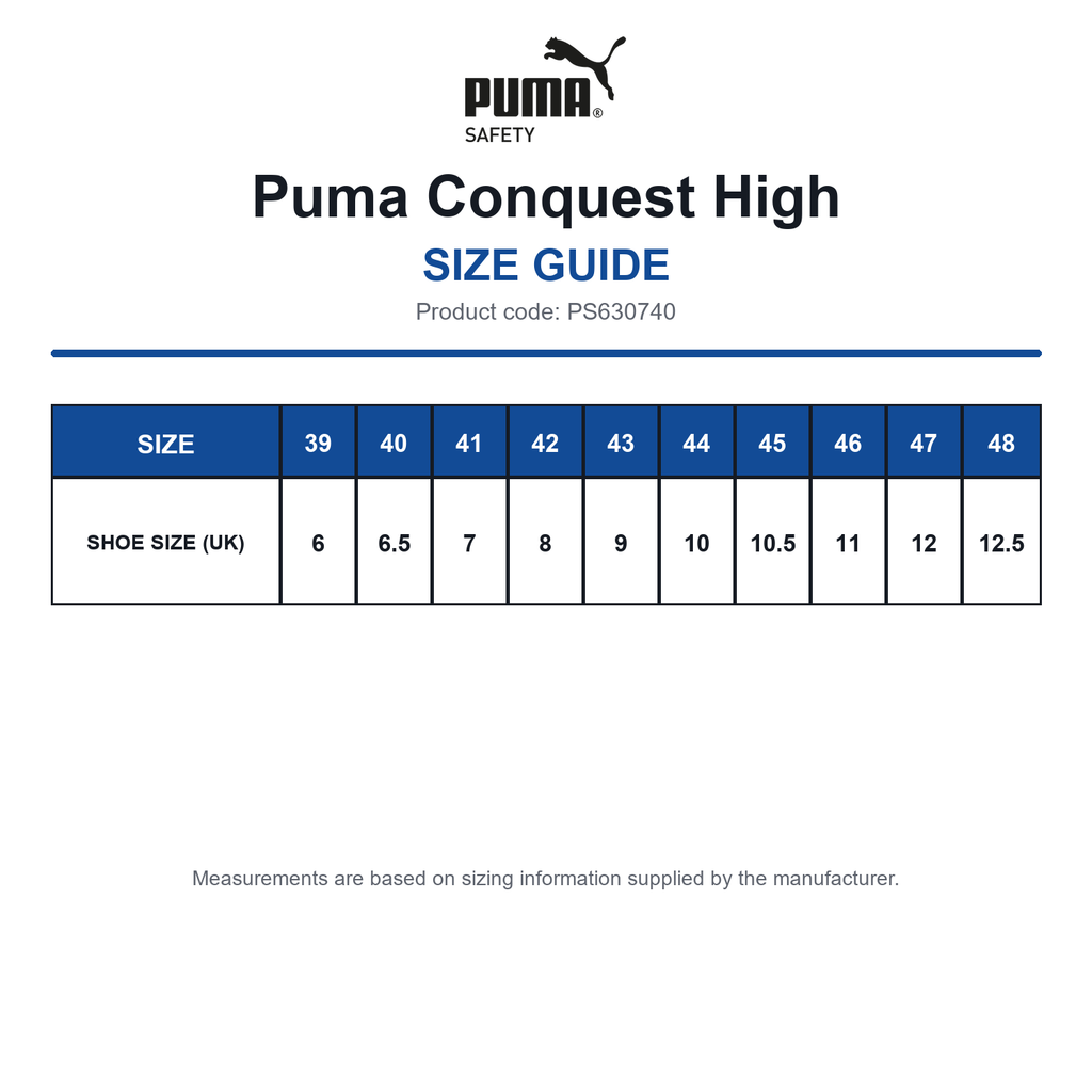 PS630740 Puma Conquest High size guide (PS630740)