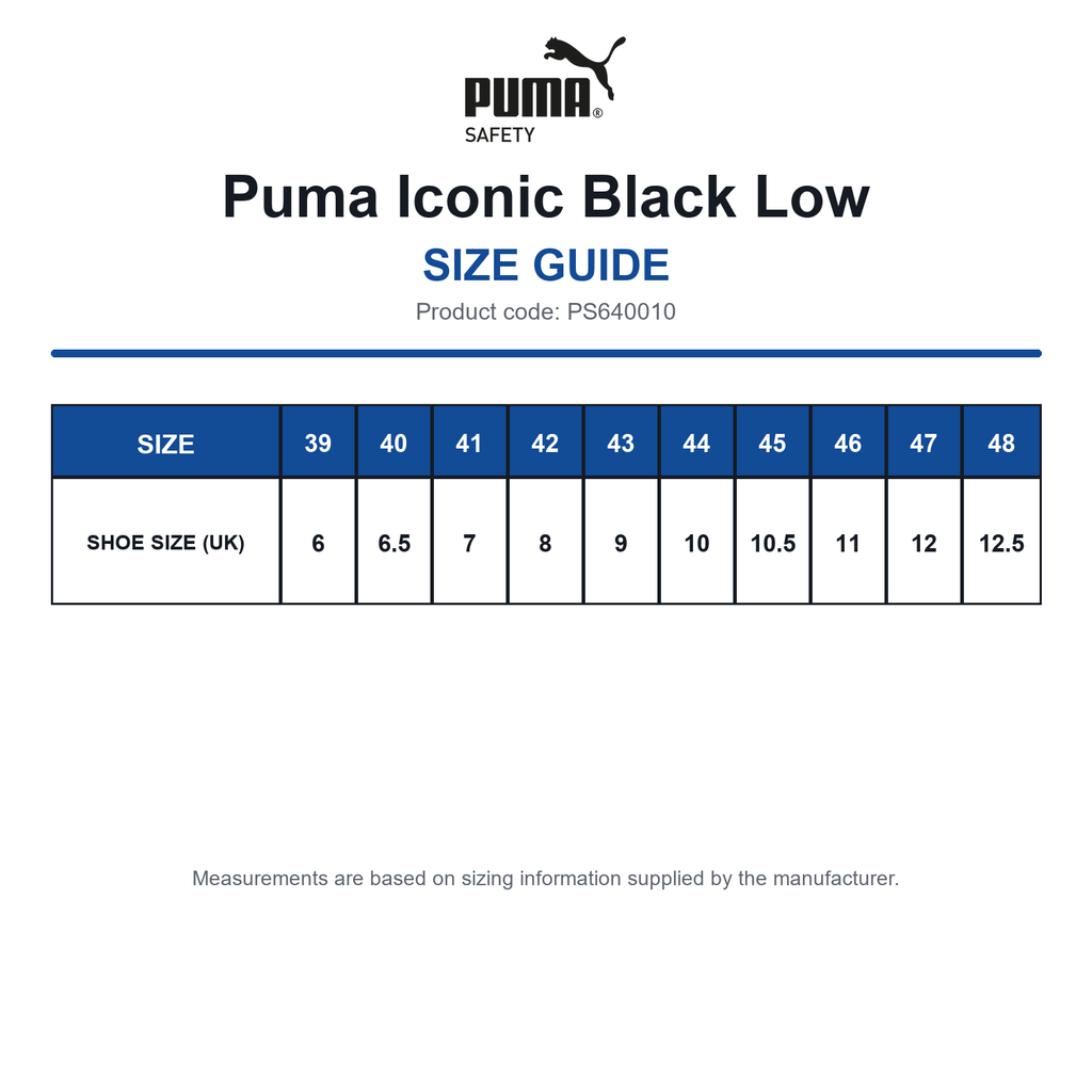 PS640010 Puma Iconic Black Low size guide (PS640010)
