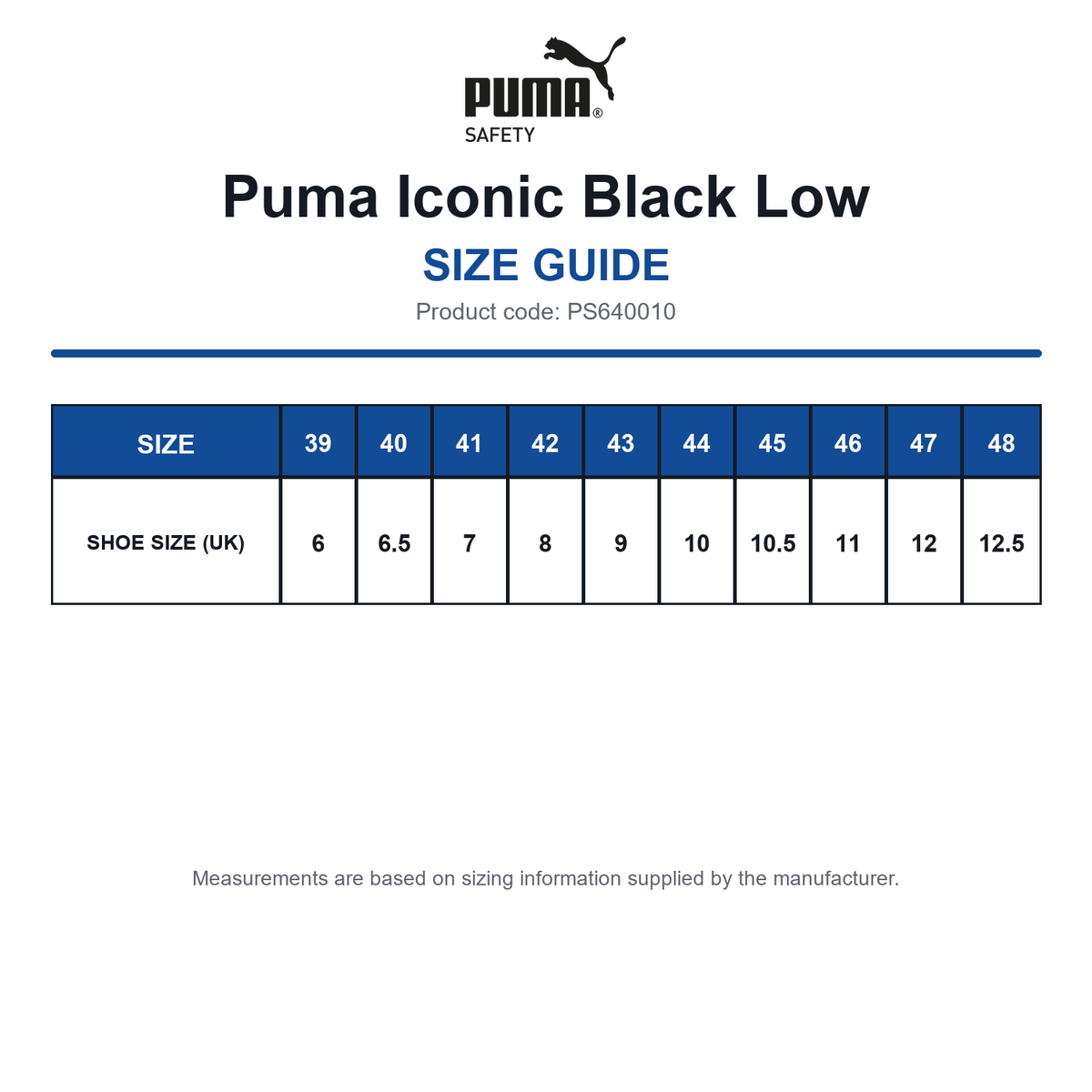 PS640010 Puma Iconic Black Low size guide (PS640010)