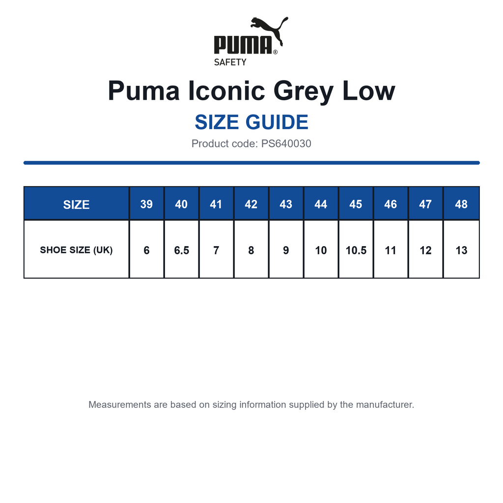 PS640030 Puma Iconic Grey Low size guide (PS640030)
