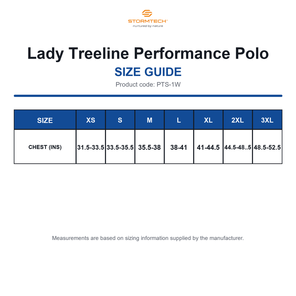 PTS-1W Stormtech Lady Treeline Performance Polo size guide (PTS-1W)