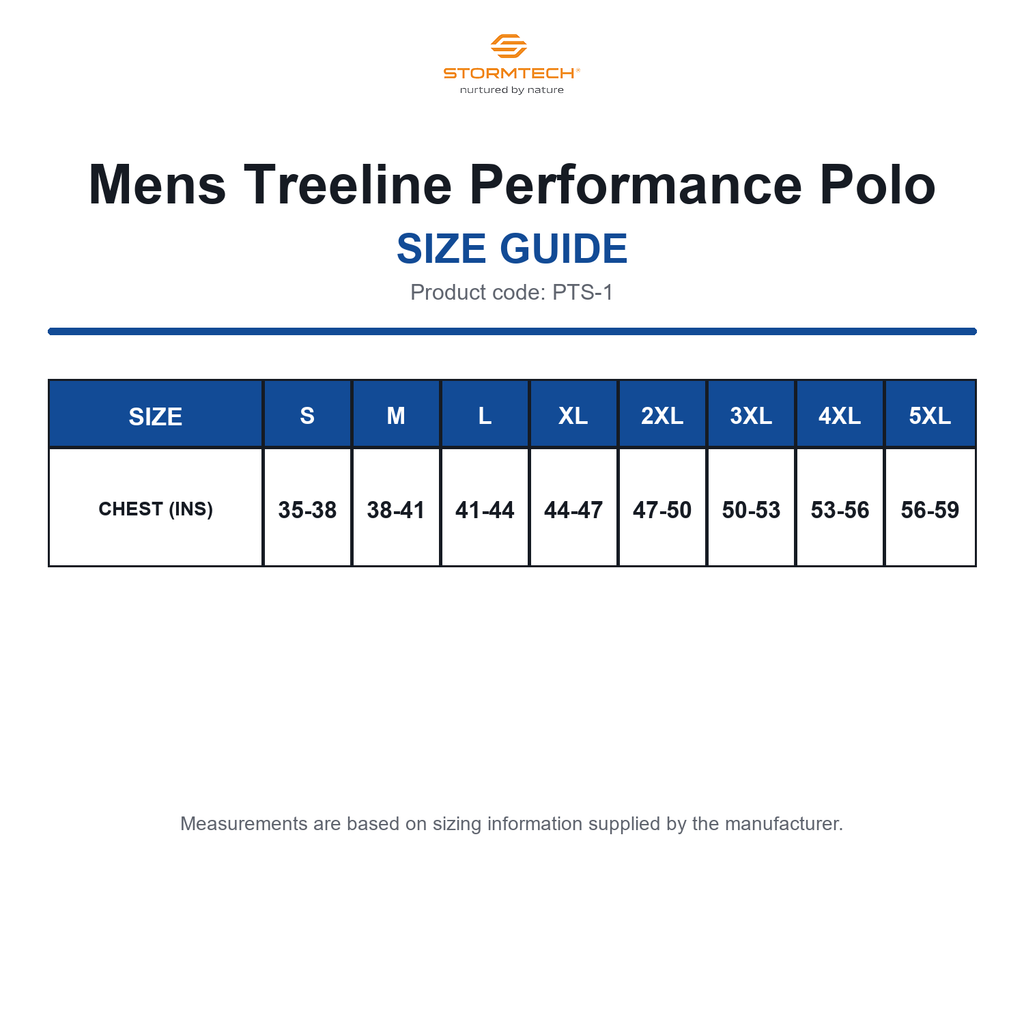 PTS-1 Stormtech Mens Treeline Performance Polo size guide (PTS-1)