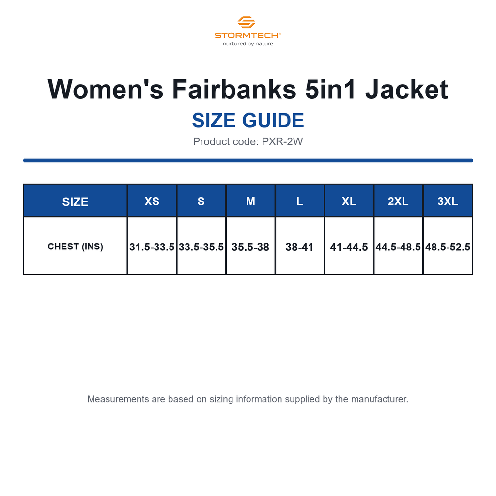 PXR-2W Stormtech Women's Fairbanks 5in1 Jacket size guide (PXR-2W)