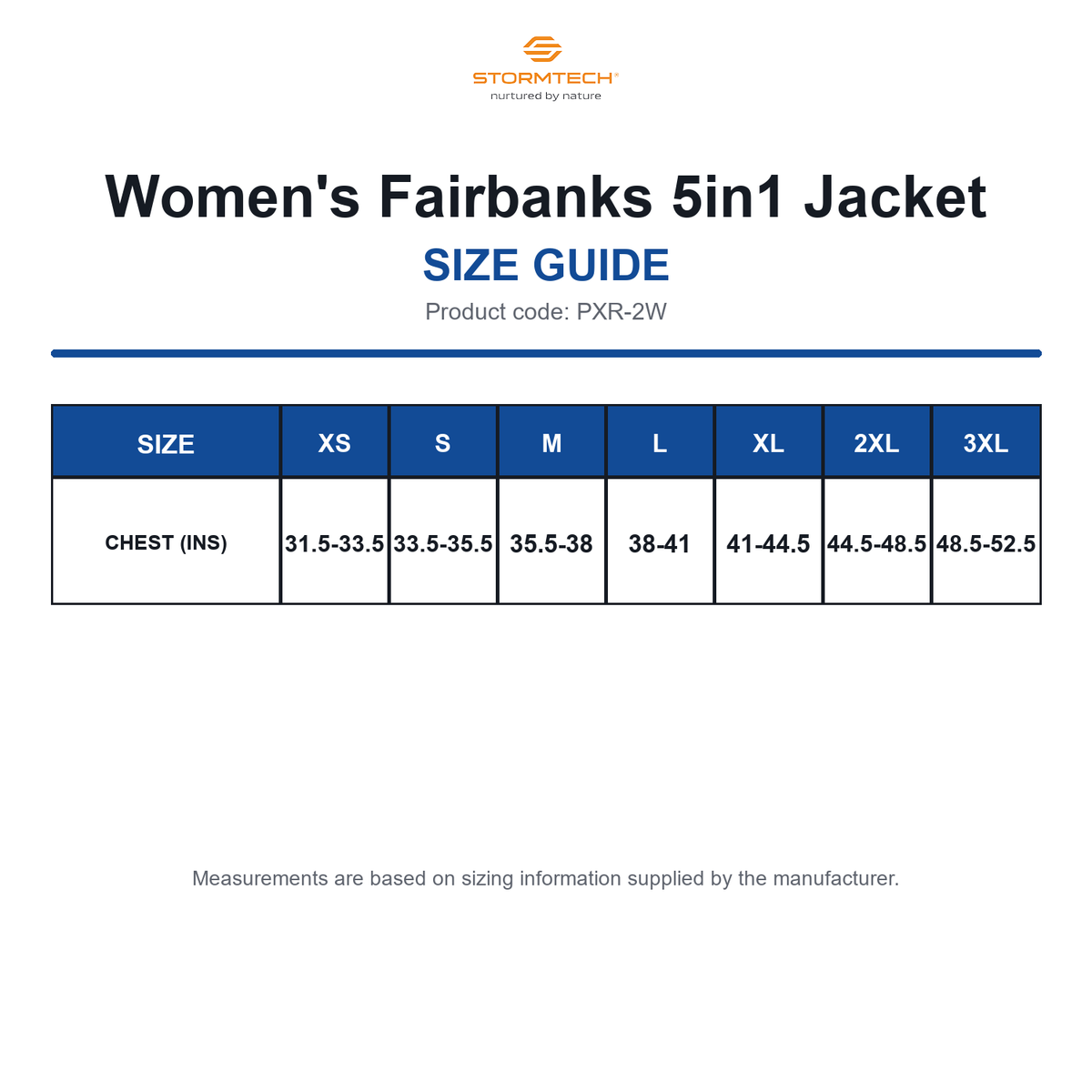 PXR-2W Stormtech Women's Fairbanks 5in1 Jacket size guide (PXR-2W)